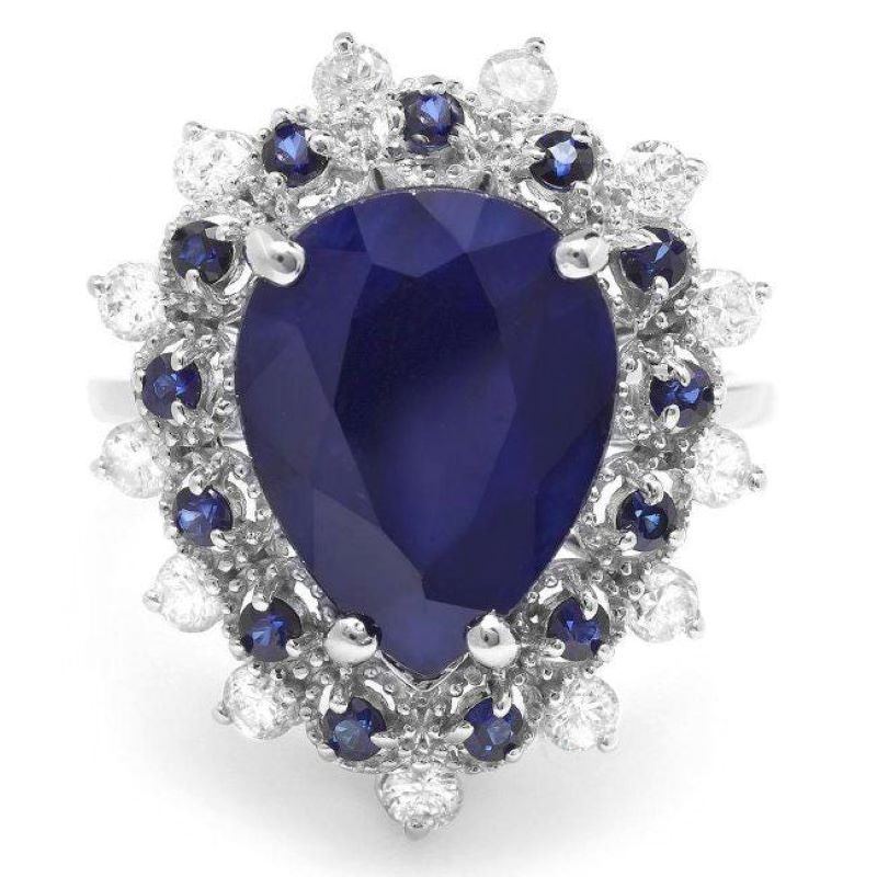6.00 Carats Natural Blue Sapphire and Diamond 14K Solid White Gold Ring