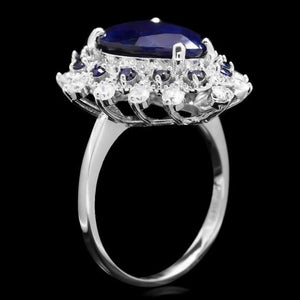 6.00 Carats Natural Blue Sapphire and Diamond 14K Solid White Gold Ring