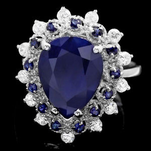 6.00 Carats Natural Blue Sapphire and Diamond 14K Solid White Gold Ring