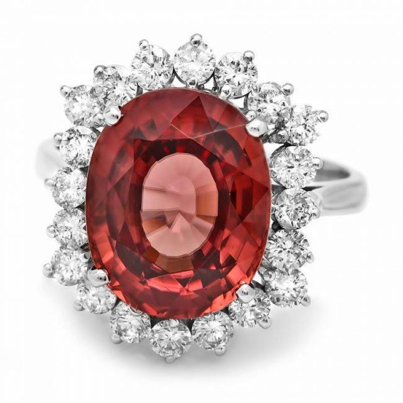 10.00 Carats Natural Red Zircon and Diamond 14K Solid White Gold Ring