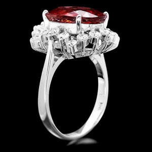 10.00 Carats Natural Red Zircon and Diamond 14K Solid White Gold Ring