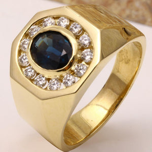 2.35 Carats Natural Diamond & Blue Sapphire 14K Solid Yellow Gold Men's Ring