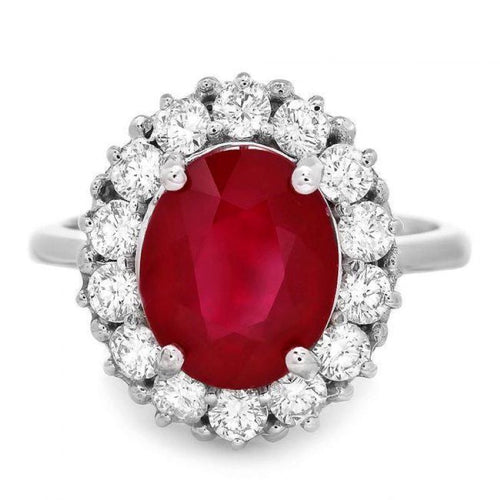 5.70 Carats Natural Red Ruby and Diamond 14k Solid White Gold Ring