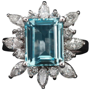 5.00 Carats Natural Aquamarine and Diamond 14K Solid White Gold Ring