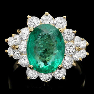 5.50 Carats Natural Emerald and Diamond 14K Solid Yellow Gold Ring