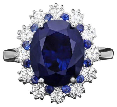 6.80 Carats Natural Blue Sapphire and Diamond 14K Solid White Gold Ring