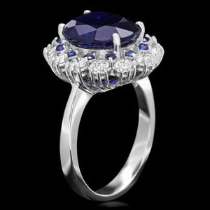 6.80 Carats Natural Blue Sapphire and Diamond 14K Solid White Gold Ring