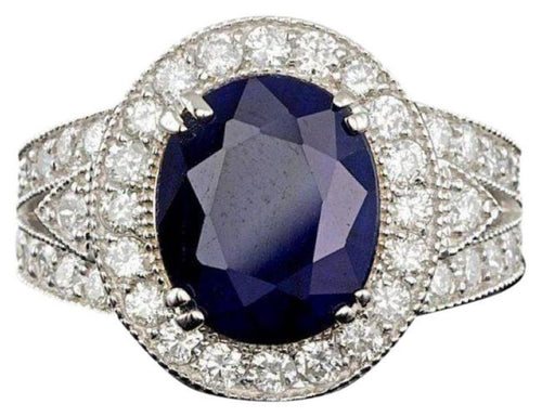7.90 Carats Natural Blue Sapphire and Diamond 14K Solid White Gold Ring