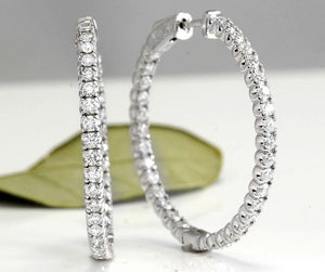 Exquisite 3.00 Carats Natural Diamond 14K Solid White Gold Hoop Earrings