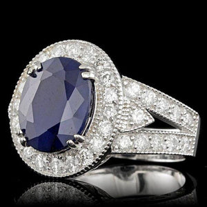 7.90 Carats Natural Blue Sapphire and Diamond 14K Solid White Gold Ring