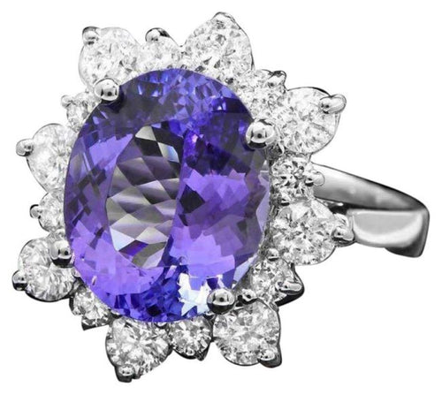 6.00 Carats Natural Tanzanite and Diamond 14K Solid White Gold Ring