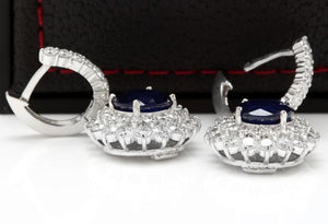 Exquisite 9.47 Carats Natural Blue Sapphire and Diamond 14K Solid White Gold Stud Earrings