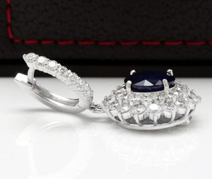 Exquisite 9.47 Carats Natural Blue Sapphire and Diamond 14K Solid White Gold Stud Earrings