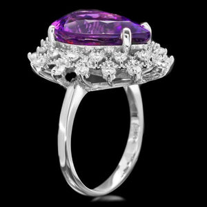 8.10 Carats Natural Amethyst and Diamond 14k Solid White Gold Ring