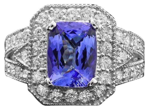4.30 Carats Natural Tanzanite and Diamond 14K Solid White Gold Ring