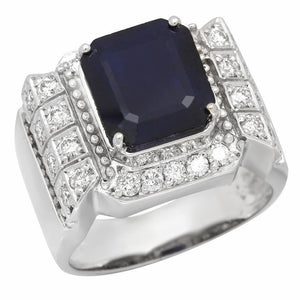 6.30 Carats Natural Blue Sapphire & Diamond 14K Solid White Gold Men's Ring