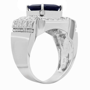 6.30 Carats Natural Blue Sapphire & Diamond 14K Solid White Gold Men's Ring