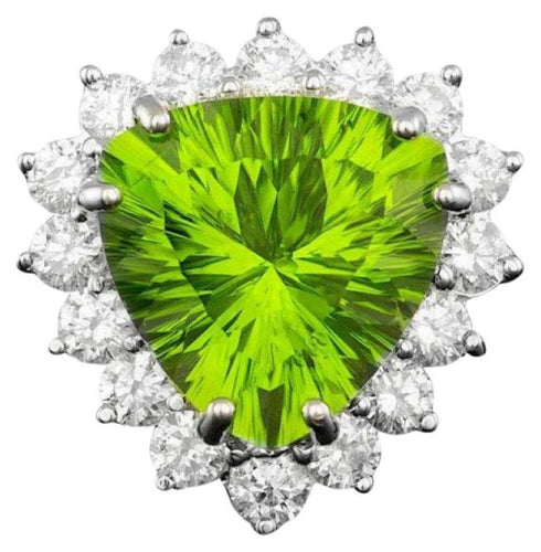 10.90 Carats Natural Peridot and Diamond 14K Solid White Gold Ring