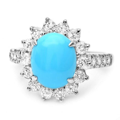 4.50 Carats Natural Turquoise and Diamond 14K Solid White Gold Ring