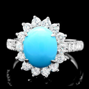 4.50 Carats Natural Turquoise and Diamond 14K Solid White Gold Ring