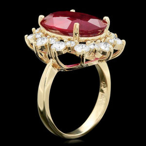 11.10 Carats Natural Red Ruby and Diamond 14K Solid Yellow Gold Ring