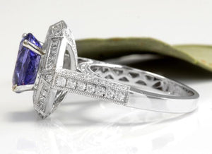 5.35 Carats Natural Very Nice Looking Tanzanite and VS1 Diamond 18K Solid White Gold Ring