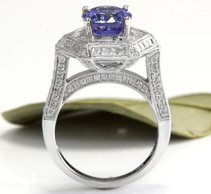5.35 Carats Natural Very Nice Looking Tanzanite and VS1 Diamond 18K Solid White Gold Ring