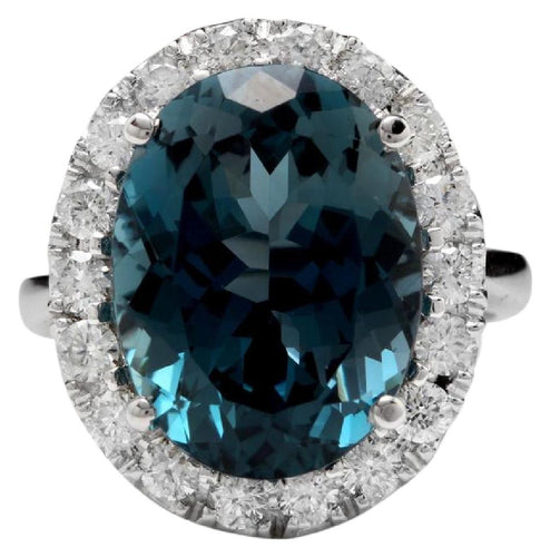 13.20 Carats Natural Impressive London Blue Topaz and Diamond 14K White Gold Ring