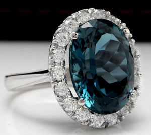 13.20 Carats Natural Impressive London Blue Topaz and Diamond 14K White Gold Ring