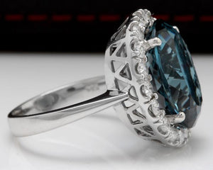 13.20 Carats Natural Impressive London Blue Topaz and Diamond 14K White Gold Ring