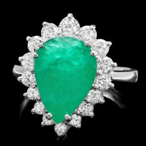 5.20 Carats Natural Emerald and Diamond 14K Solid White Gold Ring