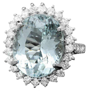 12.90 Carats Natural Aquamarine and Diamond 14k Solid White Gold Ring