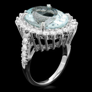 12.90 Carats Natural Aquamarine and Diamond 14k Solid White Gold Ring