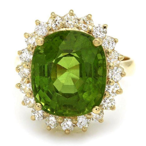 9.70 Carats Natural Peridot and Diamond 14K Solid Yellow Gold Ring