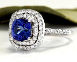 2.80 Carats Natural Very Nice Looking AAA+ Tanzanite and Diamond 14K Solid White Gold Ring