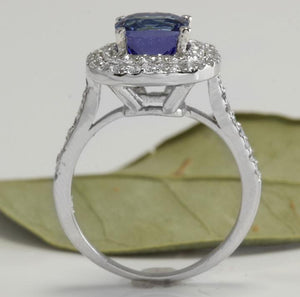 2.80 Carats Natural Very Nice Looking AAA+ Tanzanite and Diamond 14K Solid White Gold Ring