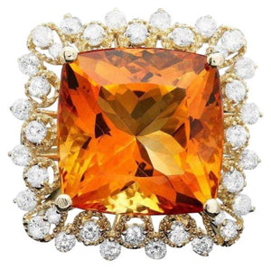12.80 Carats Natural Citrine and Diamond 14K Solid Yellow Gold Ring