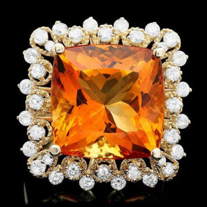 12.80 Carats Natural Citrine and Diamond 14K Solid Yellow Gold Ring