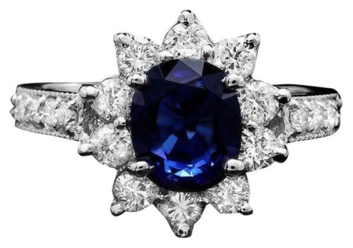 3.30 Carats Natural Blue Sapphire and Diamond 14K Solid White Gold Ring