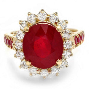 7.30 Carats Natural Red Ruby and Diamond 14K Solid Yellow Gold Ring