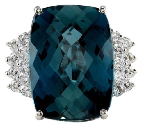 HUGE 33.40 Carats Natural Impressive London Blue Topaz and Diamond 14K White Gold Ring