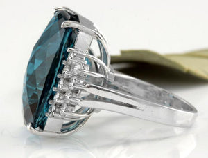 HUGE 33.40 Carats Natural Impressive London Blue Topaz and Diamond 14K White Gold Ring