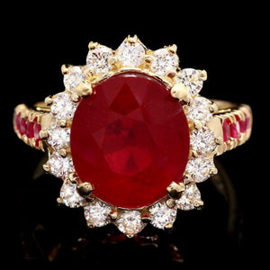 7.30 Carats Natural Red Ruby and Diamond 14K Solid Yellow Gold Ring