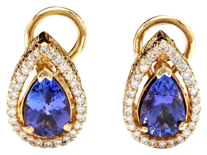 Exquisite 3.75 Carats Natural Tanzanite and Diamond 14K Solid Yellow Gold Stud Earrings