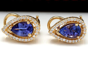 Exquisite 3.75 Carats Natural Tanzanite and Diamond 14K Solid Yellow Gold Stud Earrings