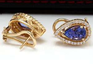 Exquisite 3.75 Carats Natural Tanzanite and Diamond 14K Solid Yellow Gold Stud Earrings