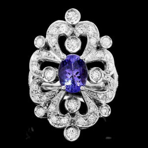 3.00 Carats Natural Tanzanite and Diamond 14K Solid White Gold Ring