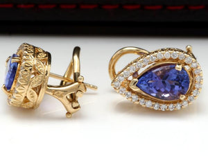 Exquisite 3.75 Carats Natural Tanzanite and Diamond 14K Solid Yellow Gold Stud Earrings