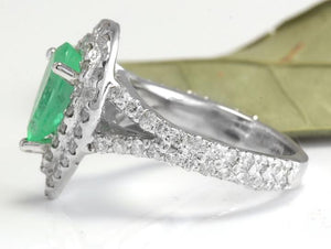 3.50 Carats Natural Colombian Emerald and Diamond 14K Solid White Gold Ring