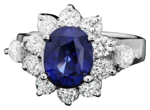 4.10 Carats Natural Blue Sapphire and Diamond 14K Solid White Gold Ring
